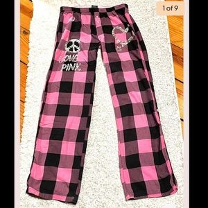 Victoria Secret Pink Black Lounge Sleep Pants Peace Sign Full Length Or Crop M